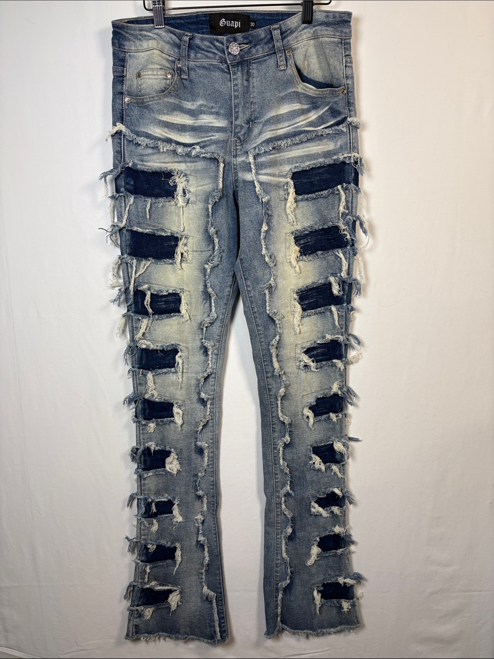 GUAPI Men's Stacked Flare Distressed Patchwork Detail Jeans size 30